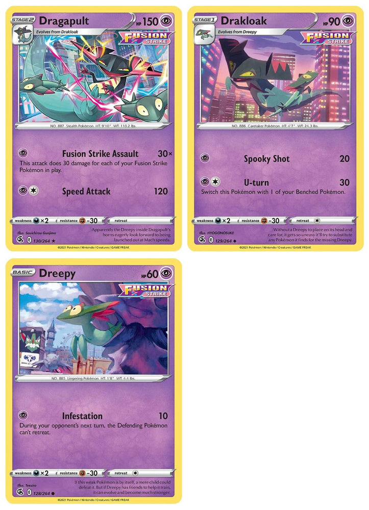 Dragapult 130/264 - Fusion Strike - Pokemon Evolution Card Set - Rare 3 Card Lot