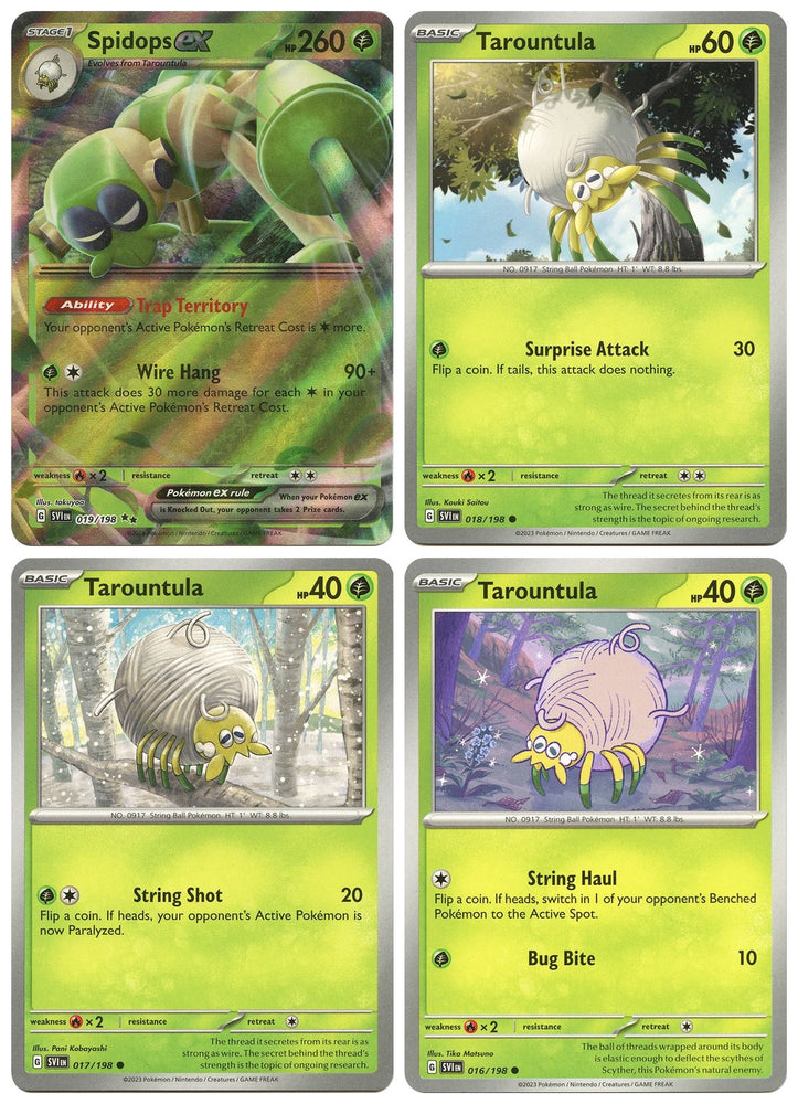 Spidops ex 019/198 Holo - Scarlet & Violet - Pokemon Evolution 4 Card Lot - Tarountula