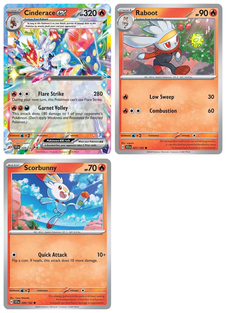 Cinderace ex 028/142 - Stellar Crown Pokemon Card Lot - Raboot & Scorbunny