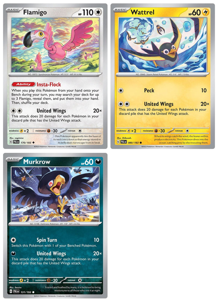 Flamigo Wattrel Murkrow - Paldea Evolved - United Wings Pokemon Set - 3 Card Lot - 170/193, 080/193, 131/193