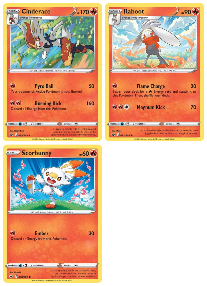 Cinderace 035/202 - Sword & Shield - Foil - Pokemon Evolution Card Set - Raboot & Scorbunny - 3 Card Lot