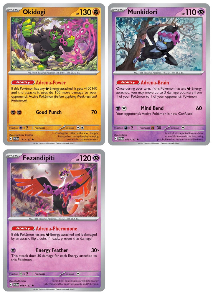Munkidori Fezandipiti Okidogi  Twilight Masquerade Holo Rare  Retainer Pokemon Card Lot  095/167  111/167