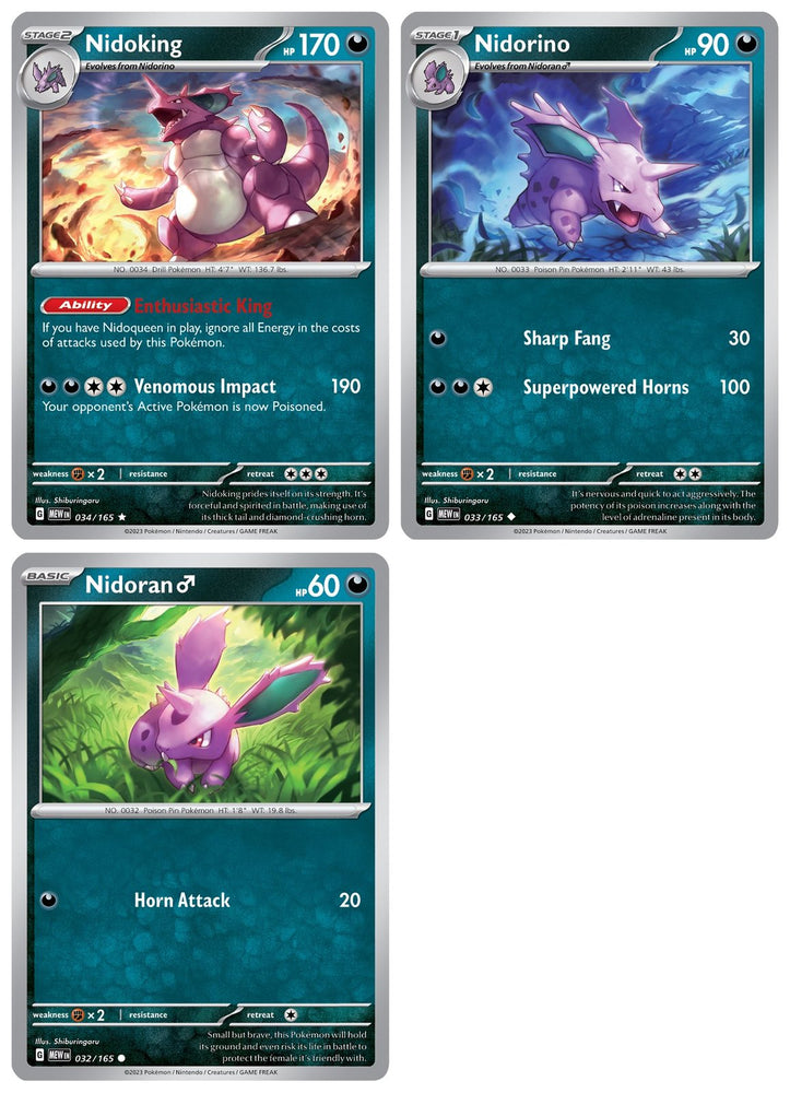 Nidoking 034/165 -Holo Rare - Pokemon 151 - Evolution 3 Card Lot - Nidoran (m) Nidorino