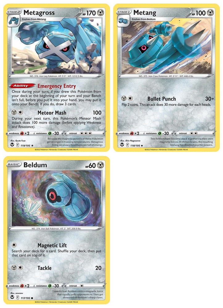 Metagross 119/195- Silver Tempest - Pokemon Evolution Card Set - Rare 3 Card Lot