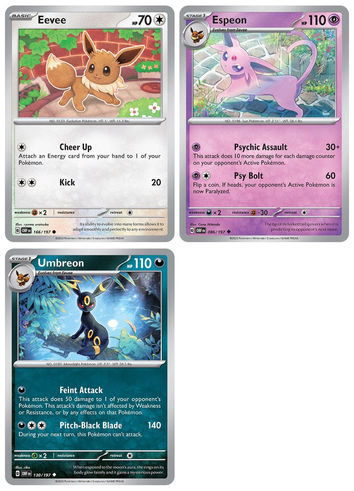 Umbreon Espeon Eevee - Obsidian Flames - Pokemon Evolution 3 Card Lot - 086/197-130/197