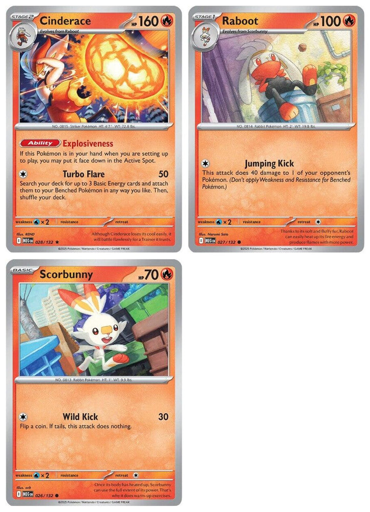 Cinderace Raboot Scorbunny 028/132 - Mega Evolution - Pokemon 3 Card Lot