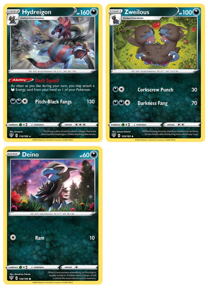 Hydreigon 110/189 - Darkness Ablaze - Pokemon Evolution Card Set - Sword & Shield - Rare 3 Card Lot