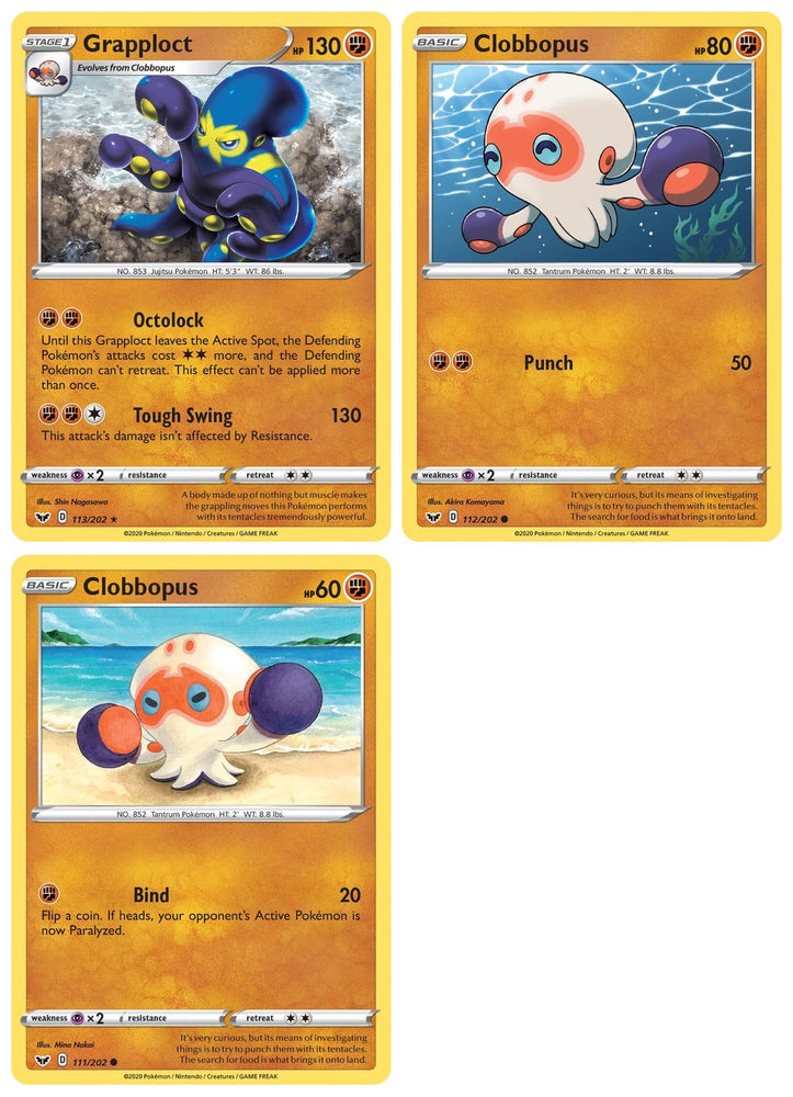 Grapploct 113/202 - Sword & Shield - Pokemon Evolution Card Set - Rare 3 Card Lot